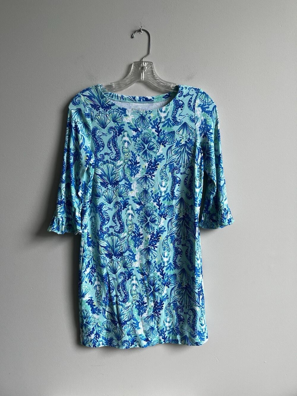 Lilly Pulitzer Mermaid Cove Dress Girls Sz XL 12-14 Aqua Blue Ruffle 3/4 Sleeve